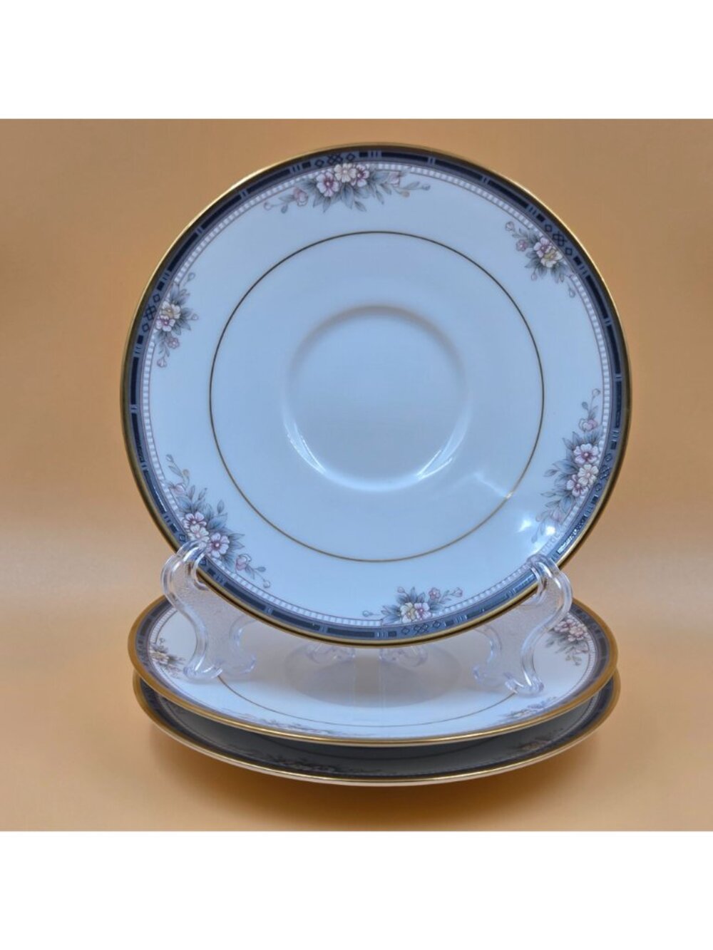 Noritake Ontario Footed Cup and Saucer Set of 3 Blue Gray Band White Pink Flower - Picture 4 of 16